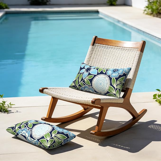 12x20 Inch Lumbae Pillow Covers, Rectangle Waterproof Throw Covers Set of 2, Decorative Patio Furniture Cushion Cases for Porch Garden, Azure Botanical Symphony