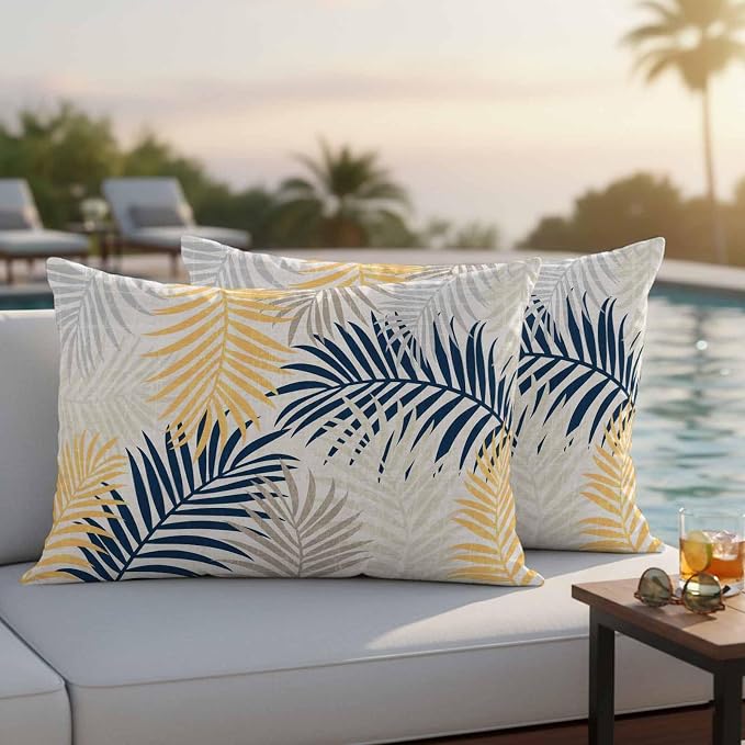 Outdoor Waterproof Throw Pillow Covers, Blue Yellow Palm Leaves Decorative Pillow Cases, Summer Botanical Tropical Leaf Couch Pillow Protector Patio Sofa Cushion Covers Replacement 20"x12" 2 Pack