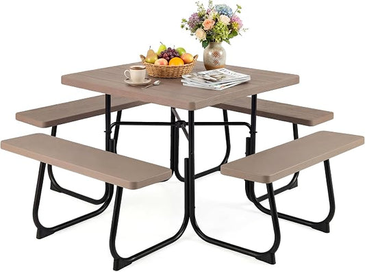 HAPPYGRILL 4-8 Person Square Picnic Table Bench Set with Umbrella Hole, Outdoor Camping Table with HDPE Material and Sturdy Metal Frame for Patio, Garden and Backyard