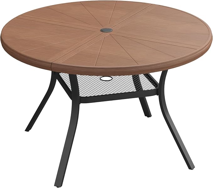 VICLLAX Round Patio Dining Table, 4 Person Aluminum Outdoor Dining Table with Umbrella Hole and Storage Shelf for Garden Lawn Deck, 40.6" Walnut