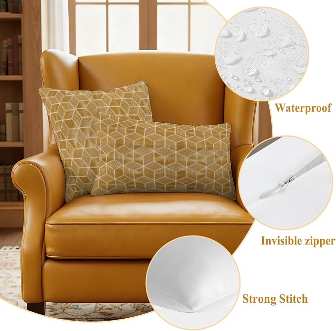 Tan Honeycomb Tiling Waterproof Outdoor Pillow Covers Set of 2 Home Decor, Wooden Grain Blocks Lumbar Pillowcase Patio Pillow Covers for Couch Bench Patio Furniture Garden 20x20in
