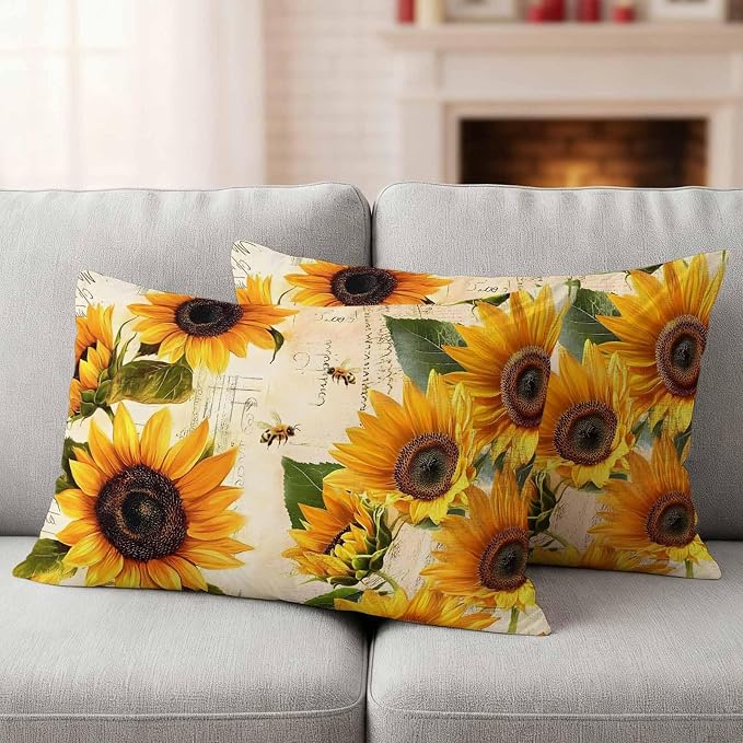 Lumbar Pillow Covers 20x12 Inch Set of 2, Yellow Sunflowers Waterproof Outdoor Cushion Covers, Country Vintage Botanical Floral Decorative Pillowcases for Couch, Sofa, Bed, Garden, Patio