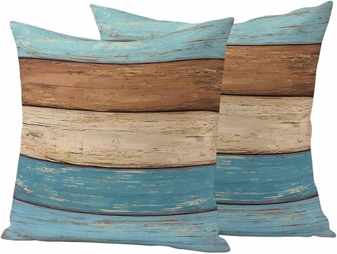 Farmhouse Light Blue Brown Outdoor Waterproof Pillow Covers, Vintage Wooden Striped Decorative Square Throw Pillowcase Sofa Cushion Sham for Patio/Couch/Chair, 16"x16" 2 Pack