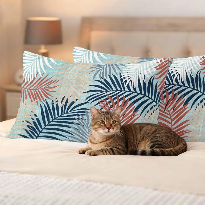 Outdoor Waterproof Throw Pillow Covers, Red Blue Teal Palm Leaves Decorative Pillow Cases, Summer Botanical Tropical Leaf Couch Pillow Protector Patio Sofa Cushion Covers Replacement 20"x12" 2 Pack