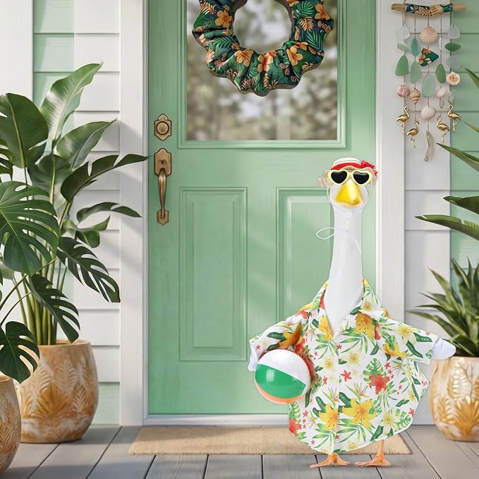 Hawaiian Beach Porch Goose Outfits for 23 Inch Statue | Summer Tropical Shirt with Swim Ball Costume for Cement Statue, Luau Sculpture Clothes for Swimming Pool Party Decoration