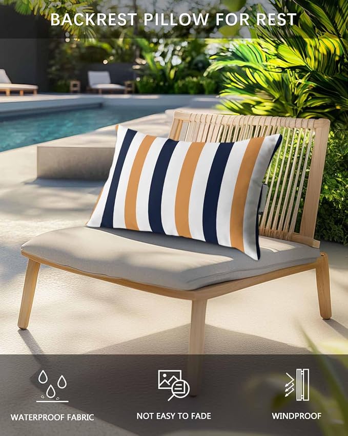 Pack of 2 Outdoor Lumbar Pillow Covers 11x16 Inch, Burnt Orange Navy Blue Striped Waterproof Throw Pillow Covers Set, Farmhouse Stripe Art Indoor&Outdoor Decorative Cushion Cases for Patio Porch Beach