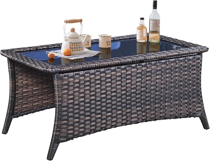 Belord Outdoor Coffee Table with Tempered Glass Top, Patio Rectangular Brown Wicker, Handwoven Rattan Coffee Table Compatible with Patio Furniture Sets for Porch Deck Backyard