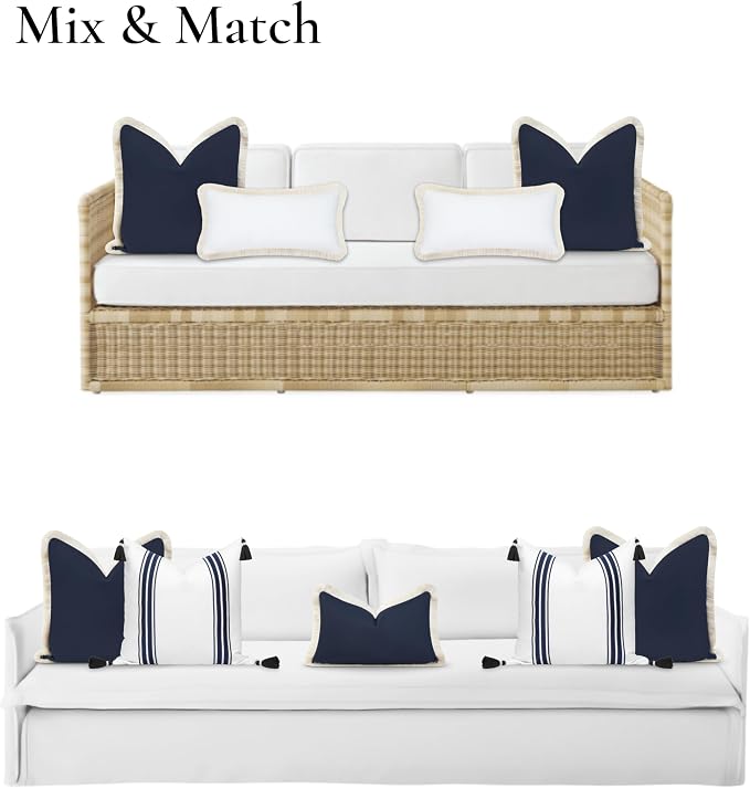 Hofdeco Premium Coastal Hampton Style Patio Outdoor Performance Pillow Cover Only, 20"x20" Water Repellent, UV and Fade Resistant for Backyard, Couch, Dark Navy Blue Solid with Fringe