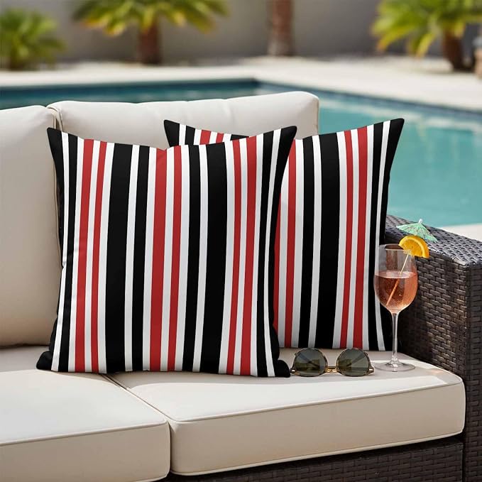 Red Black Stripe Outdoor Pillow Covers 18x18 Inch Throw Pillow Covers Set of 2 Waterproof Decorative Pillow Cases Farmhouse Minimalist Striped Cushion Covers for Patio Furniture Garden Couch Sofa