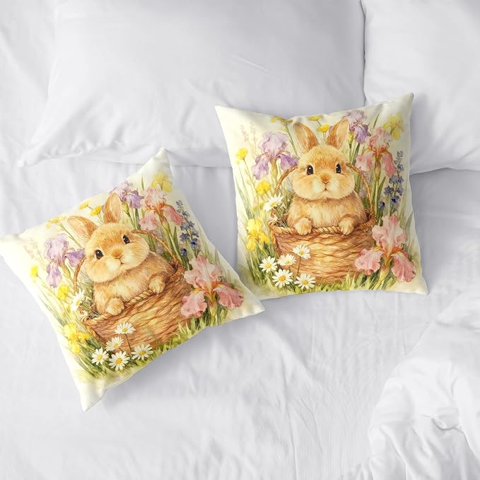 Easter Throw Pillow Covers Watercolor Lovely Bunny Pillow Covers 18x18 Spring Rabbit with Iris Daisy Floral Pillow Cases Happy Easter Farmhouse Cushion Cases for Home Sofa 2 Pack