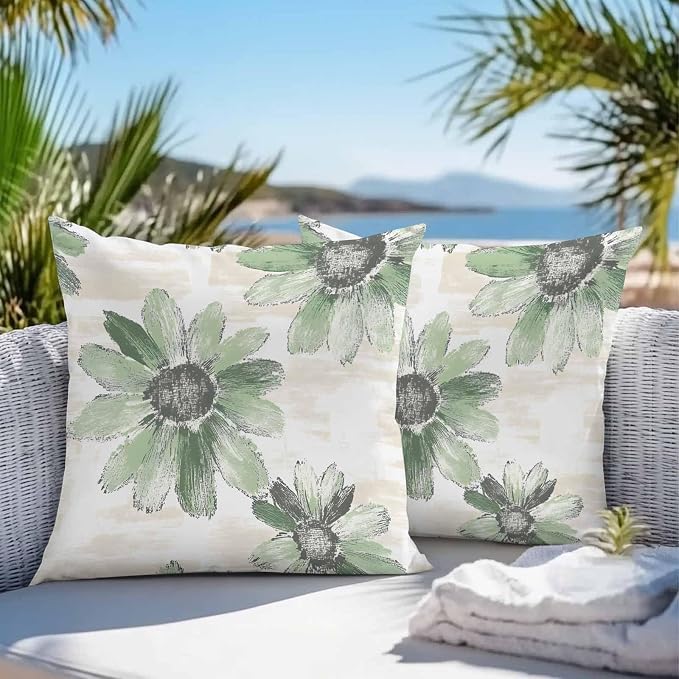 Vandarllin Outdoor Throw Pillows Covers 24x24 inch Set of 2 Waterproof Green Sunflower Decorative Zippered Cushion Covers for Patio Furniture, Floral Field Lumbar Pillowcases