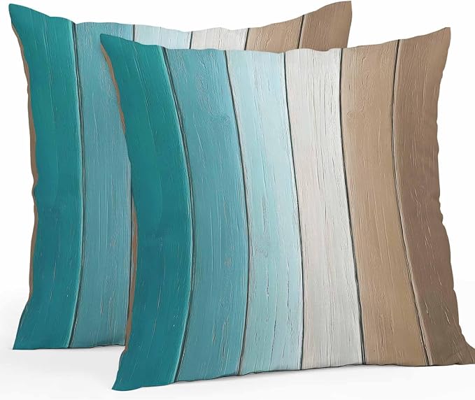 Throw Pillow Covers 24x24 Inch Set of 2, Aqua Brown Ombre Waterproof Outdoor Cushion Covers, Vintage Country Wooden Decorative Pillowcases for Couch, Sofa, Bed, Garden, Patio