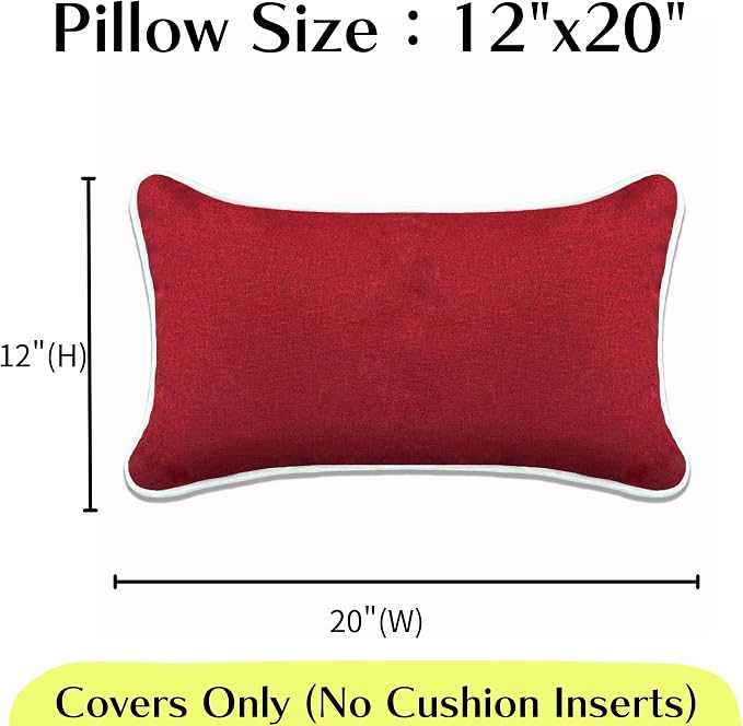 HER HWA Outdoor Lumbar Pillow Covers White Piping 20"x12" Set of 2, Red | durable fade-resistant water-resistant 100% polyester white piping smooth zipper machine washable for indoor outdoor décor