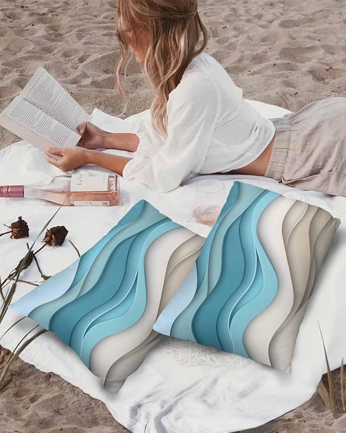 Pack of 2 Ombre Blue Brown Outdoor Pillow Waterproof Covers 20x12 inch, Abstract Wave Polyester Throw Pillow Covers Garden Cushion Decorative Case for Patio Couch Decoration