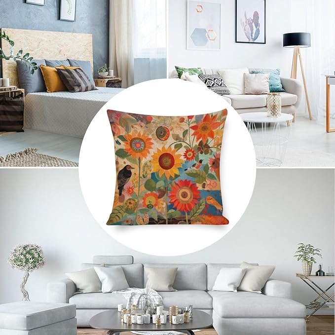 Decorations Pillow Covers Retro Yellow Flower Cushion Covers Colorful Painting of Sunflowers Bird Pillow Cases Standard Size Decorative Outdoor Linen Fabric Pillow Case for Couch Bed Car 20"x20"