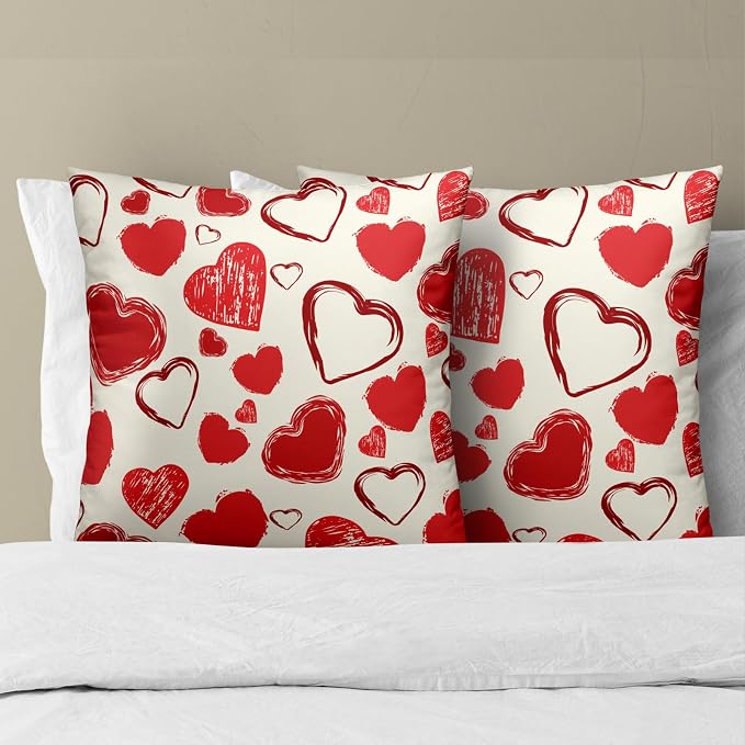 Valentines Day Throw Pillow Covers 16x16, Cute Doodle Red Love Hearts Decorative Pillow Cases Double Side Printed Square Cushion Cover for Wedding Anniversary Home Decor Set of 2