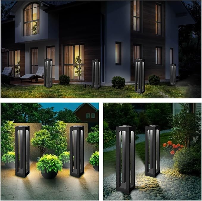 Outdoor Solar Pathway Lights, Modern Landscape Floor Lamps, 4-Pack | Four 18.9-in stainless steel lights for walkways and garden borders; solar powered, automatic at dusk and IP65 waterproof