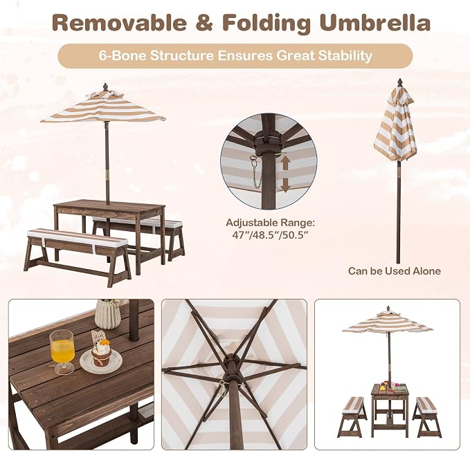 KOTEK Kids Picnic Table with Umbrella Foldable, Backyard Wooden Table & Bench Set w/Removable Cushions, Activity Art Play Table, Indoor Outdoor Toddler Picnic Table for Patio, Lawn & Garden (Brown)