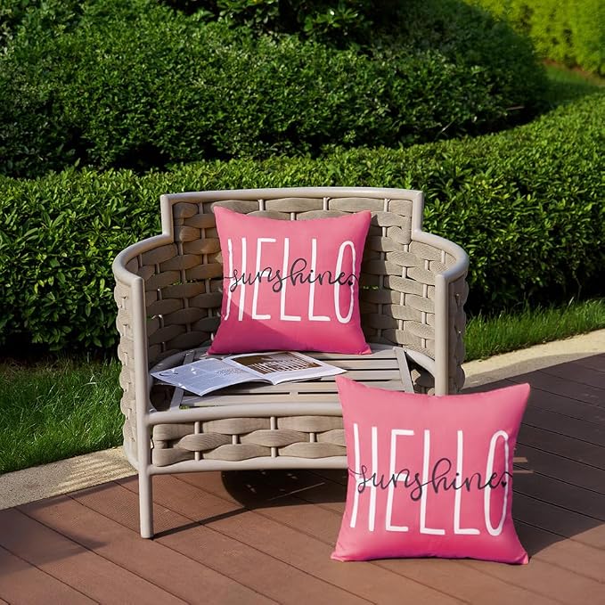 DFXSZ Hot Pink Outdoor Waterproof Pillow Covers 16x16 Set of 2 | Hello Sunshine Decor Spring Summer Polyester Pillow Covers(NO INSERTS)| Decor for Patio Funiture Garden Sofa Couch