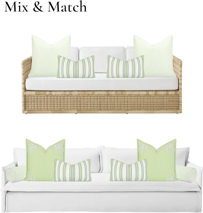 Hofdeco Premium Coastal Hampton Outdoor Performance Lumbar Pillow Cover Only, 12"x20" Water Repellent, UV and Fade Resistant for Backyard, Couch, Poolside, Grass Green Woven Bayside Stripes