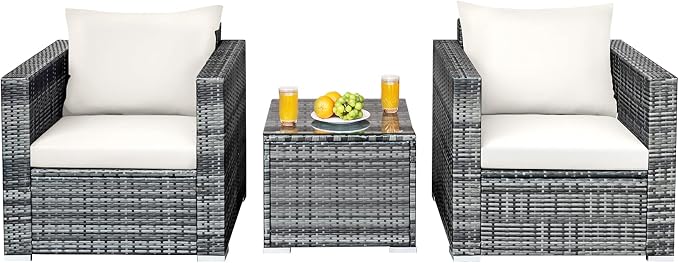 HAPPYGRILL 3 PCS Patio Conversation Set Outdoor Rattan Wicker Sofa Set with Coffee Table Patio Furniture Set with Soft Cushions for Balcony Porch Backyard Garden