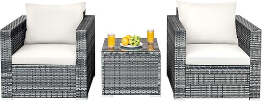 HAPPYGRILL 3 PCS Patio Conversation Set Outdoor Rattan Wicker Sofa Set with Coffee Table Patio Furniture Set with Soft Cushions for Balcony Porch Backyard Garden