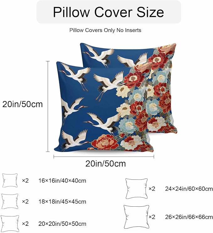 Japanese Style Outdoor Pillow Covers 16x16 Inch Throw Pillow Covers Set of 2 Waterproof Decorative Pillow Cases Blue Rustic Botanical Blossom Peony Birds Cushion Covers for Patio Furniture Garden