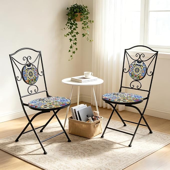 Folding Patio Chairs Set of 2 Mosaic Bistro Chair Outdoor Seating | Garden Patio Furniture Seating Heavy Duty Metal Frame Dining Chairs for Lawn Yard Balcony Porch Backyard Poolside