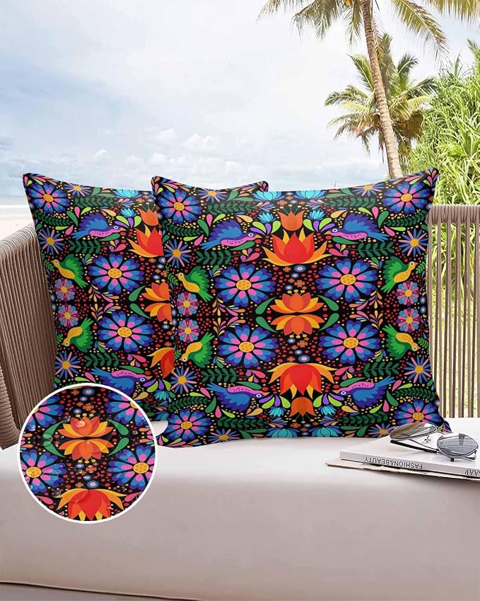 Outdoor Waterproof Throw Pillow Covers Set of 2 Colorful Mexican Floral Pillowcases 18x18 Inches Bird Rustic Assorted Flower Decorative Pillows Cushion Case Patio Pillows for Couch Bed Chair Garden