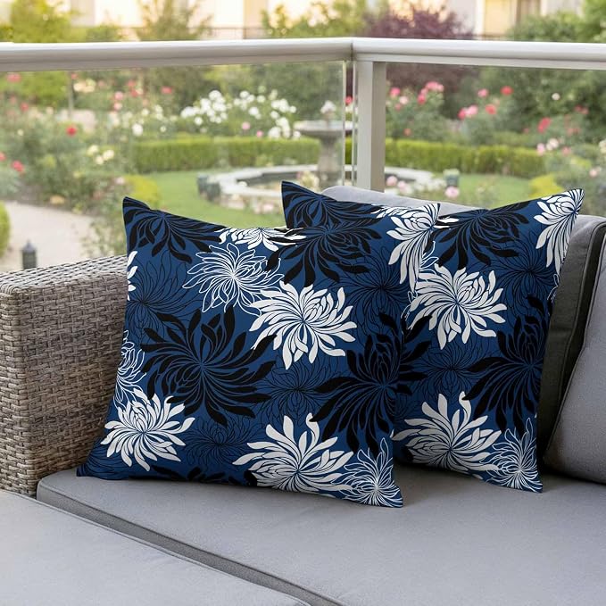 Yukro Blue Black Floral Outdoor Waterproof Pillow Covers Pack of 2, Vintage Blue White Black Flower Decorative Throw Pillowcases Cushion Covers for Garden Patio Tent Sofa Couch, 24x24 inch