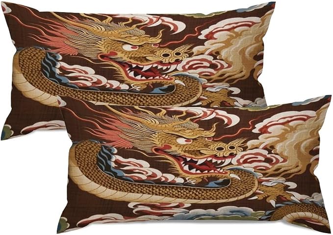 Set of 2 Chinese Oriental Style Asian Dragon Gold Pillow Covers 12x24in Farmhouse Canvas Cushion Covers Outdoor for Couch Chair Home Decor for Family Friends