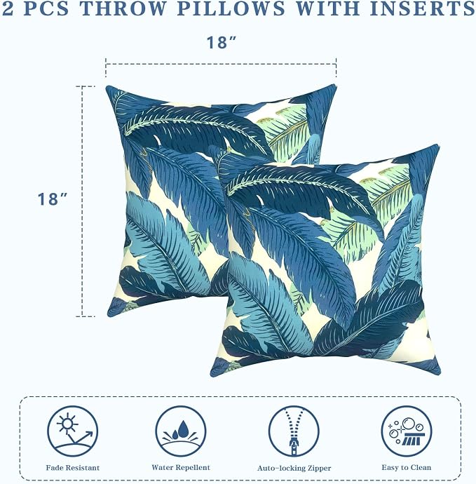 LVTXIII Outdoor/Indoor Throw Pillows, Decorative Throw Pillows with Inserts, 18"x18" Square Pillows for Bed, Couch, Sofa and Patio Furniture (Set of 2, Swaying Palms Blue)