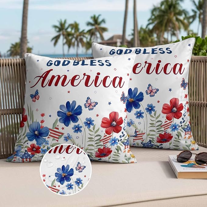 God Bless USA Outdoor Waterproof Throw Pillow Covers Set of 2, 18"x18", Red Blue Daisy Butterfly Independence Day Decorative Pillow Covers Outside Cushion Case for Patio Porch Garden