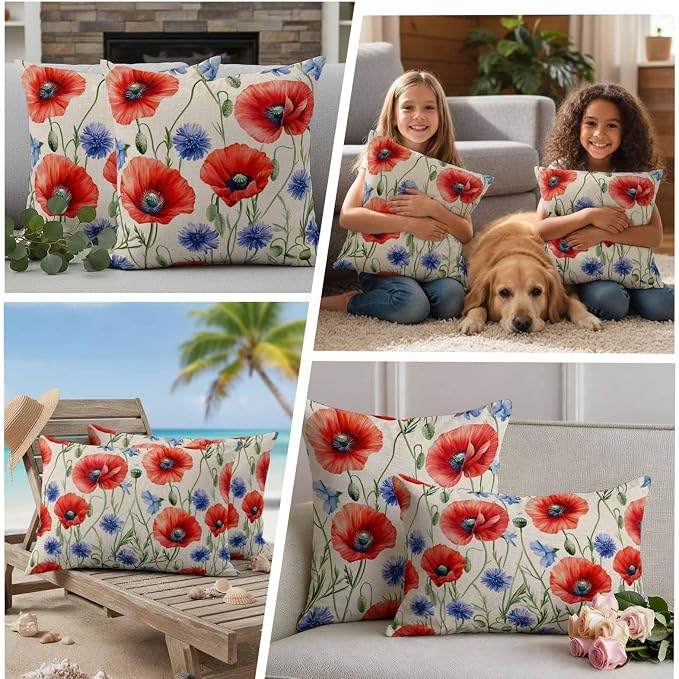 Red Blue Flowers Waterproof Outdoor Pillow Covers Set of 2 Home Decor, Patriotic Poppy Floral Summer Country Pillowcase Patio Pillow Covers for Couch Bench Furniture Garden 20x20in