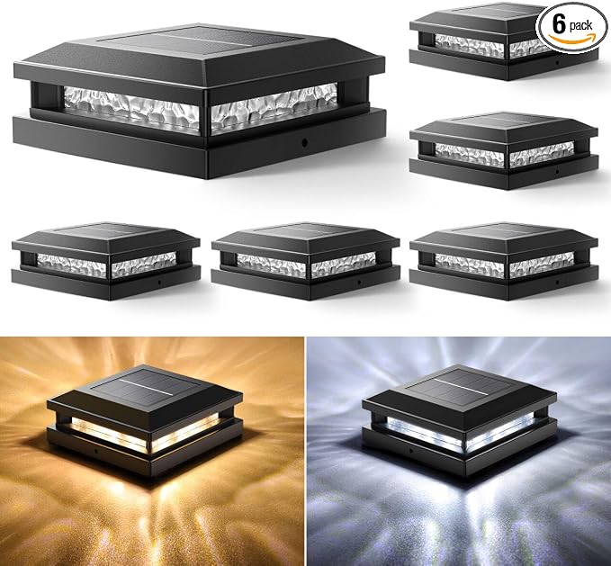 Solar Post Cap Lights 6-Pack, 2 Modes 16LEDs Bright Solar Post Lights Outdoor Waterproof, Fence Posts Cap Light, Deck Light for 4x4 4.5x4.5 5x5 Posts for Patio Garden Decor, Black