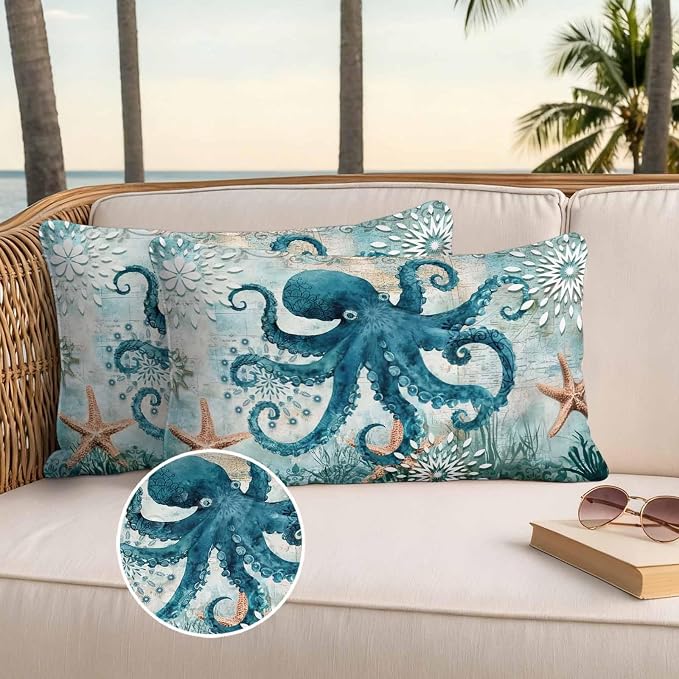 Ocean Creature Outdoor Waterproof Throw Pillow Covers Set of 2, 20"x12", Eight Pawfish Corals Sea Stars Decorative Pillow Covers Outside Cushion Case for Patio Porch Garden