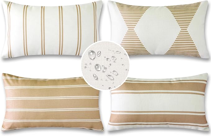 OTOSTAR Outdoor Decorative Pillow Covers Waterproof Garden Throw Pillow Covers 12x20 Inch Cushion Case Geometry Throw Pillowcases Pillows Shell for Patio Furniture Couch Tent Pack of 4 (Light Coffee)
