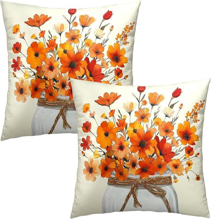 Watercolor Floral Throw Pillow Covers 20 x 20 Inches Set of 2 - Orange Flower Autumn Season Accent Square Cotton Linen Pillowcase for Sofa Home Decor Bedroom Living Room