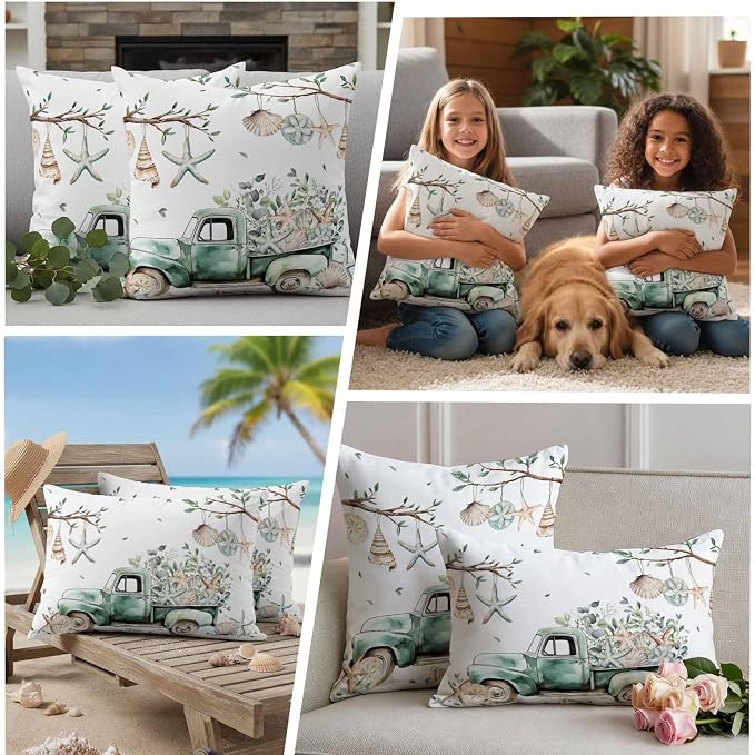 Sage Green Truck Outdoor Waterproof Throw Pillow Covers Set of 2, 20"x20", Ocean Starfish Shell Summer Leaf Decorative Pillow Covers Outside Cushion Case for Patio Porch Garden