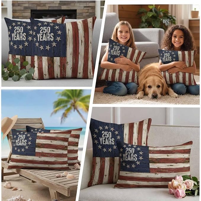 250 Year Anniversary USA Outdoor Waterproof Throw Pillow Covers 16"x16" Set of 2, 4th of July Vintage Wood Decorative Garden Pillowcase with Zipper Cushion Case for Patio Couch Tent