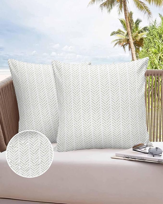 Sage Green Striped Outdoor Pillow Covers Waterproof,All Weather Cushion Case Set of 2 Decorative Pillowcases for Sofa Couch Bed Decor Patio Furniture 18"x18" White Geometric Minimalist Boho Striped