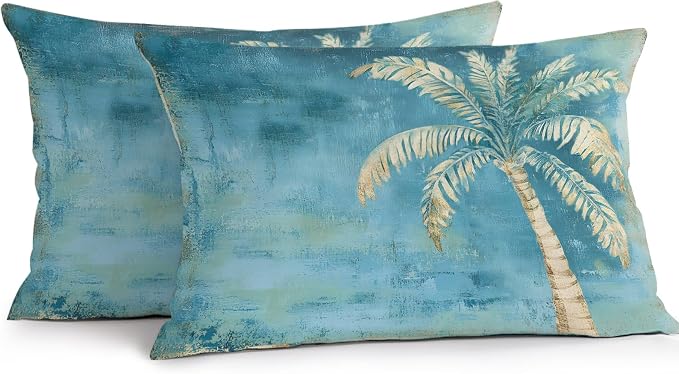 Coastal Beach Tree Teal Blue Outdoor Waterproof Pillow Covers, Vintage Summer Palm Tropical Botanical Decorative Rectangle Throw Pillowcase Sofa Cushion Sham for Patio/Couch/Chair, 20"x12" 2 Pack