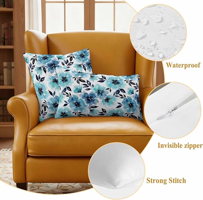 Botanical Floral Leaves Outdoor Waterproof Pillow Covers Pack of 2, Watercolor Painting Blue Gradient Blooms Throw Pillowcases Decorative Cushion Covers for Garden Patio Tent Sofa Couch, 20x12 inch