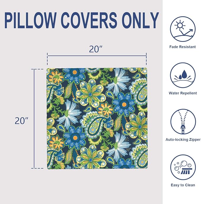 Outdoor 20x20 Inch Pack of 2 Patio Throw Pillow Covers ONLY, Water Repellent Cushion Cases, Square Pillowcases for Outdoor Couch Decoration, Wonder Garden