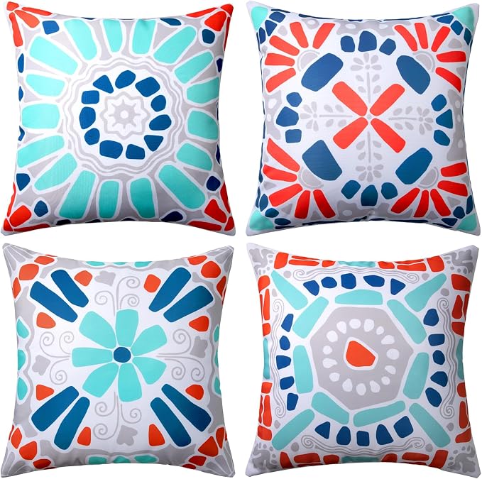 Waterproof Outdoor Pillow Covers, 4 Pack 18x18 Throw Pillow Covers | Blue Gray Decorative Pillow Covers, Floral & Boho Print, Waterproof & Fade Resistant, Garden Cushion Case for Patio Furniture