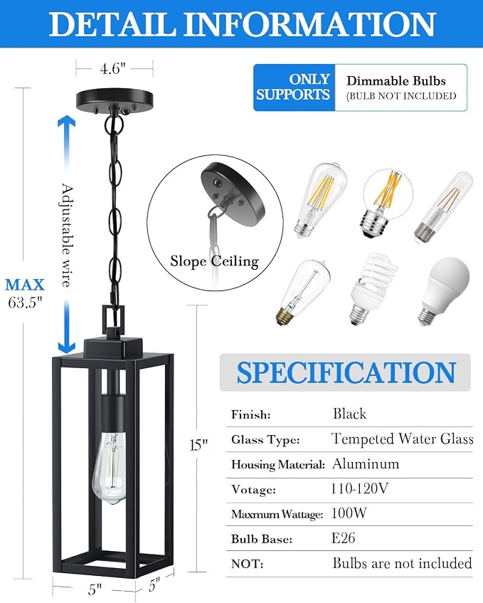 15'' Large Motion Sensor Outdoor Pendant Lights, With Dusk to Dawn Sensor | Modern Outside Chandelier Outdoor Hanging Lantern with Clear Glass, Exterior Pendant Lighting Fixture for Porch, Black, 1Pack