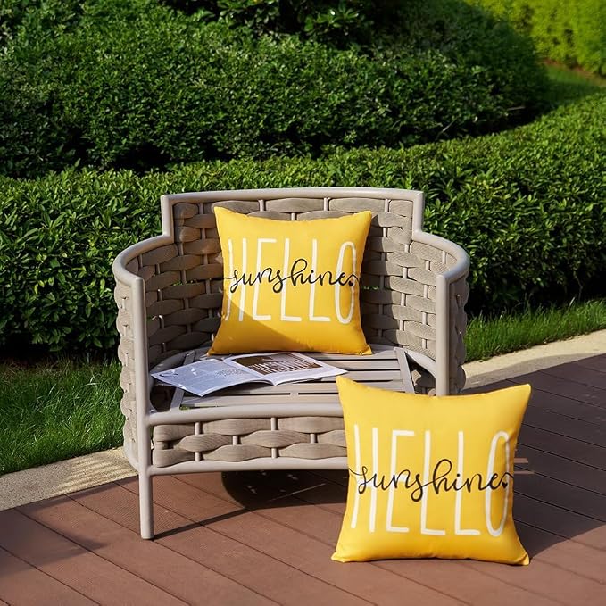 DFXSZ Yellow Outdoor Waterproof Pillow Covers 22x22 Set of 2 Hello Sunshine | Hello Sunshine Decor Spring Summer Polyester Pillow Covers(NO INSERTS)| Decor for Patio Funiture Garden Sofa Couch