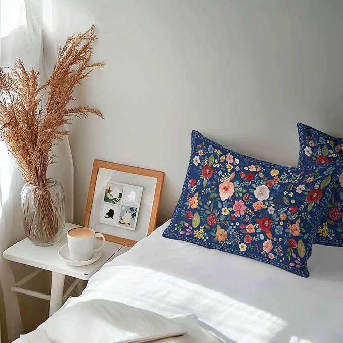 Vandarllin Outdoor Throw Pillows Covers 20x12 inch Set of 2 Waterproof Navy Blue Floral Decorative Zippered Cushion Covers for Patio Furniture, Farmhouse Vintage Flower Lumbar Pillowcases