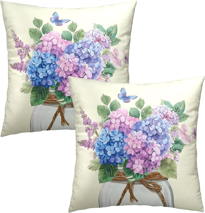 Hydrangea Flower Throw Pillow Cover Set of 2 20x20 Inch Vintage Blue Purple Floral Jar Watercolor Decorative Couch Pillow Cushion Case for Outdoor Patio Living Room Bedroom Decor