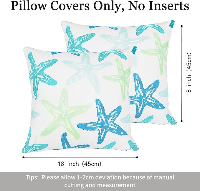 cygnus Starfish Outdoor Pillow Covers 18x18 Waterproof Coastal Throw Pillow Covers Nautical Beach Theme Decorative Square Cushion Case for Patio Furniture Garden Sofa Set of 2，Blue and Green